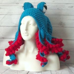 Octopus Hat Unisex Turquoise & Red  OOAK NWOT